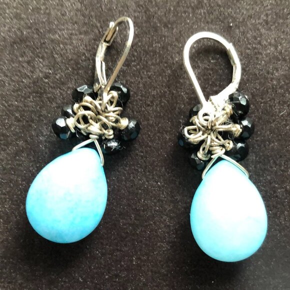 Hand Crafted Sterling Silver .925 Lever Back Dangle Earrings Blue + Black Sz OS - Picture 5 of 7